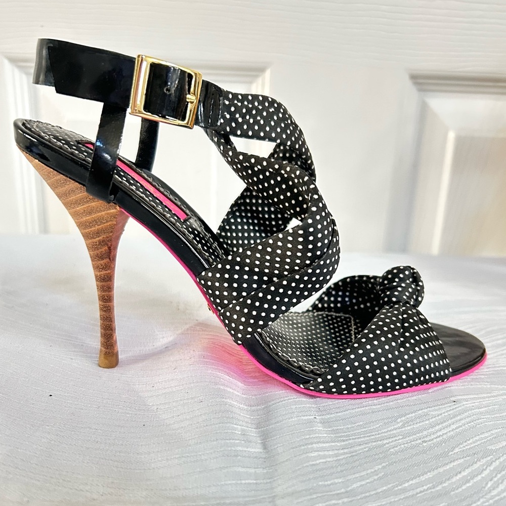 Betsey Johnson Black White Polka Dot High Heel Sandals with Pink Sole